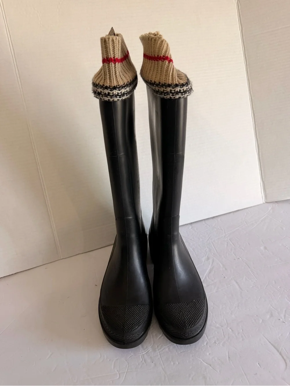 Burberry Black Rain Boots with Beige Knit Cuff and Red Accent